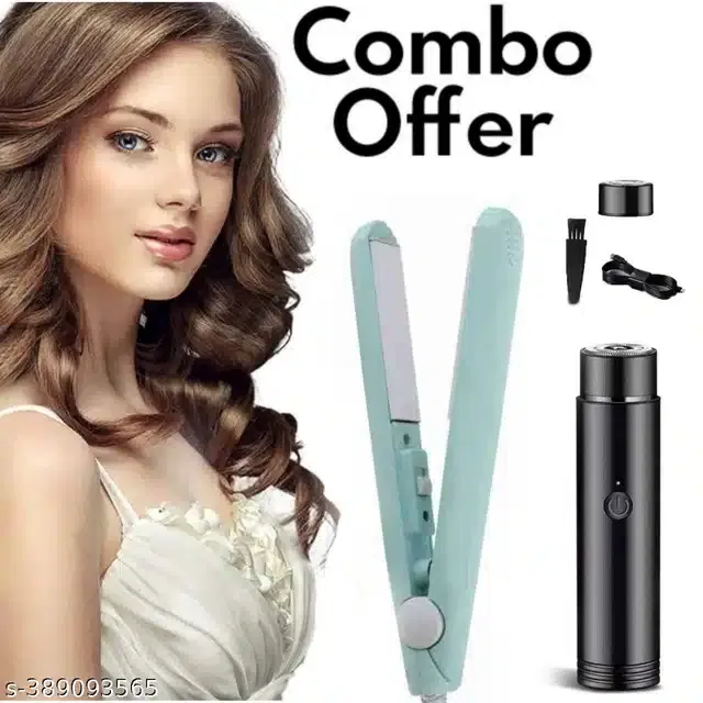 Mini Hair Straightener with Portable Electric Shaver for Men & Women, Multicolor, Set of 2