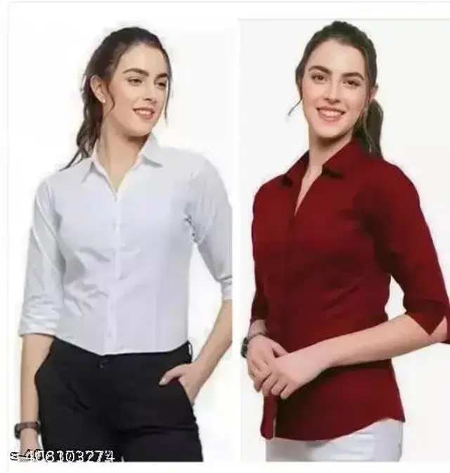 Three-Quarter Sleeves Solid Shirt for Women, Pack of 2 (White & Maroon, XXL)