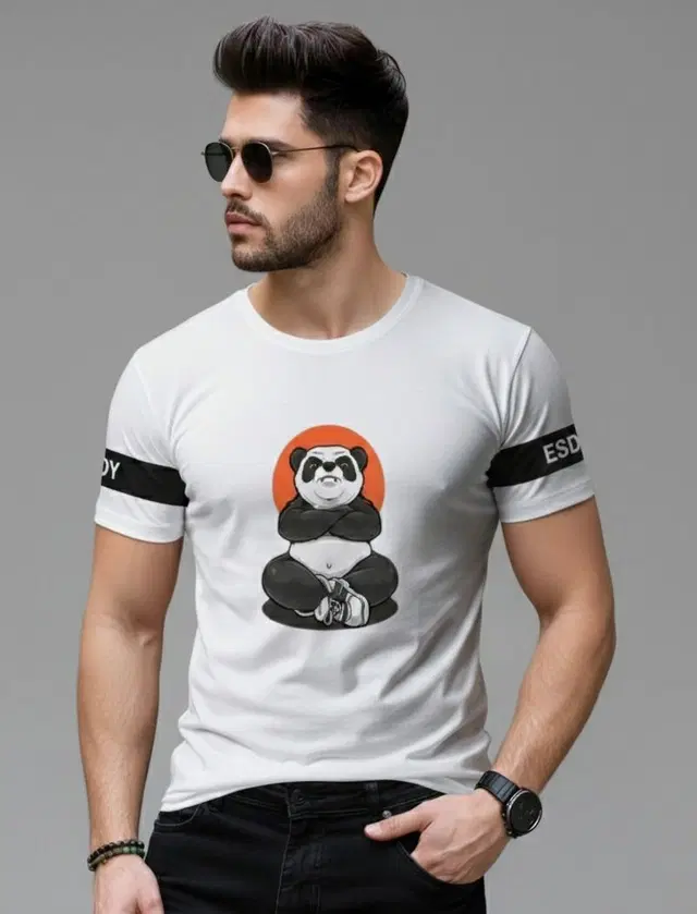 Polyester Printed T-shirt for Men, White (XL)