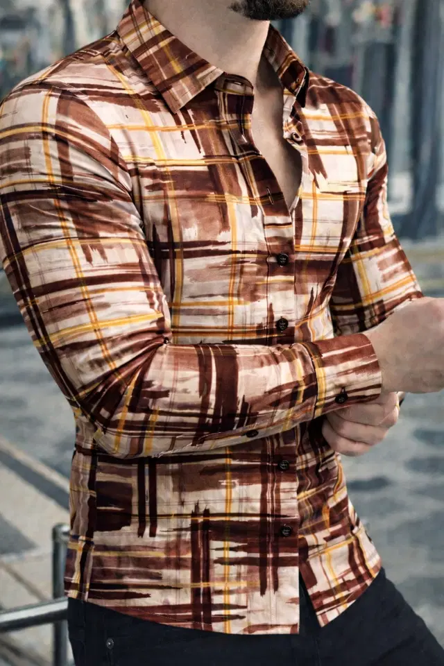 Lycra Geometric Print Shirt for Men, Brown (S)