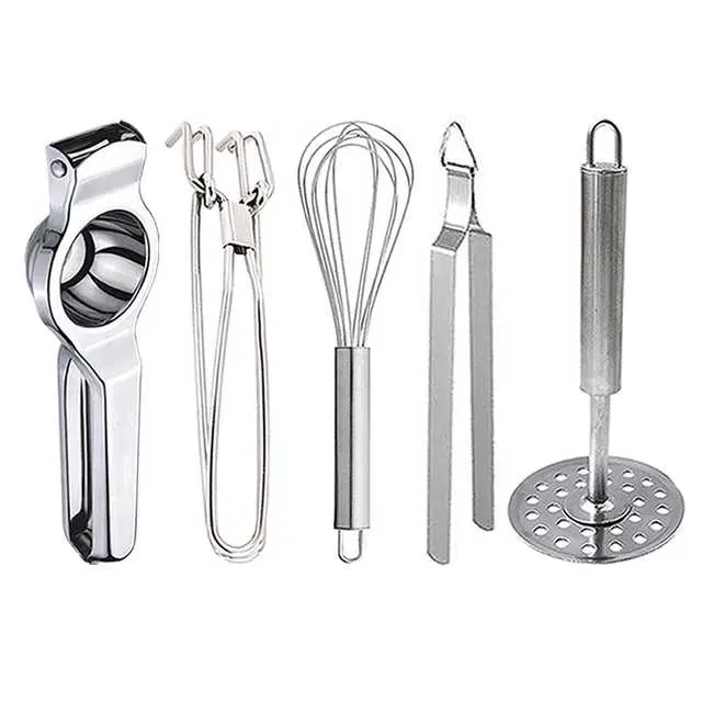 Stainless Steel Lemon Squeezer & Pakkad & Egg Whisk & Roti Chimta & Potato Masher For Kitchen, Set of 5, OC-074