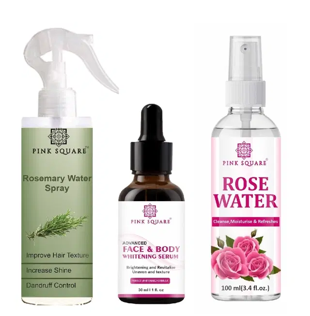 Pink Square Rosemary Hair Spray, 100 ml with Face & Body Whitening Serum, 30 ml & Rose Water, 100 ml, Set of 3