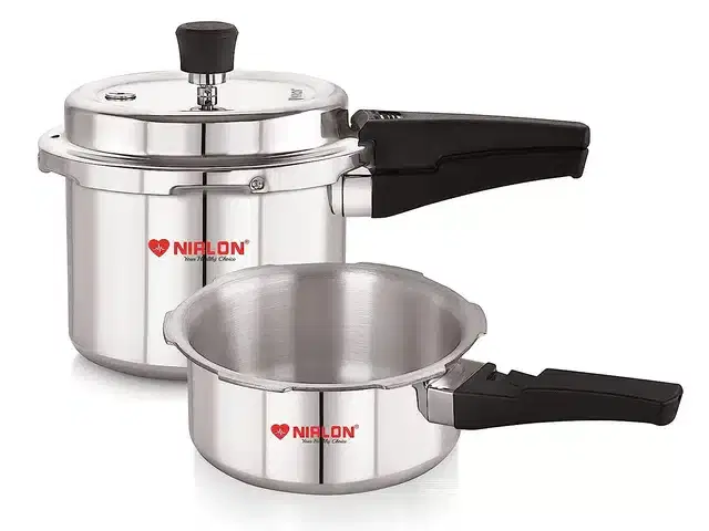 Nirlon Aluminium Pressure Cookers, 2 L & 3 L with Common Outer Lid, Silver & Black, Set of 2