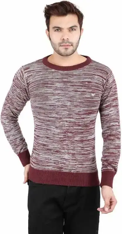 KRYPTAR Men's Solid Round Neck Woolen Sweater (Maroon, S) (KPTR4001)