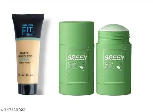 Fit Shin Matte Poreless Liquid Foundation with Green Mask Stick, Beige & Green, Set of 2