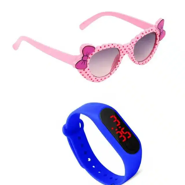 UV Protected Sunglass with Digital Watch for Boys & Girls, Set of 2 (Pink & Blue)