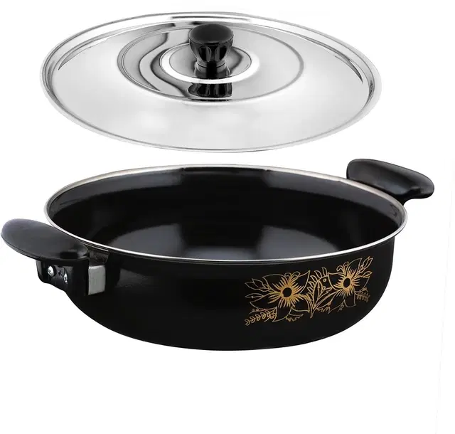 Cast Iron Kadai with Lid, Black & Silver, 28 cm