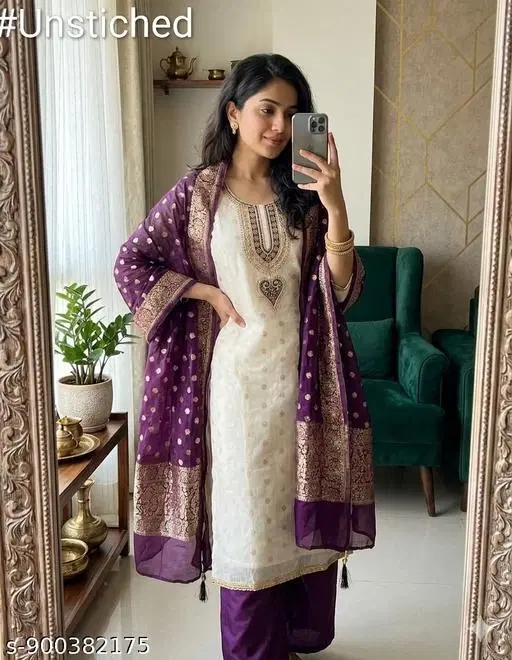 Silk Blend Embroidered Punjabi/All Over Suits for Women (6.85 meter (3XL)