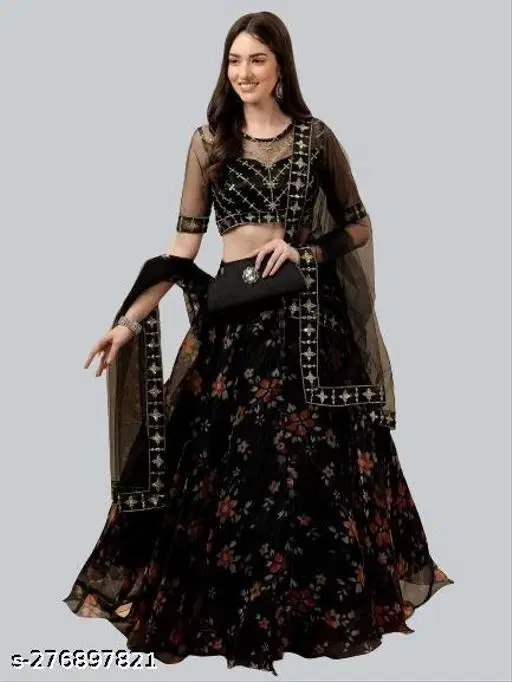 Lehenga Choli for Women (Black, Free Size)