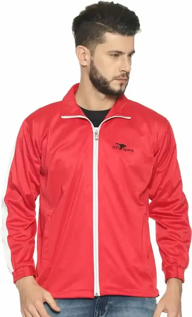 HPS Sports Full Sleeve Solid mens Jacket (Red & White, S) (HP0328)