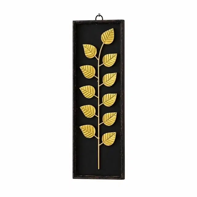Vertical Golden Leaf Metal Wall Art on Wooden Base Decorative Wall Hanging