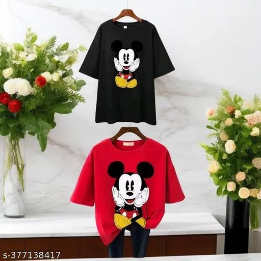 Cotton Blend T-shirt for Women, Red & Black, Pack of 2 (S)