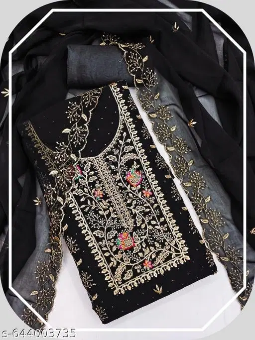 Embroidered Floral Patiala Suits for Women (, 5.85 meter (S)) (Black, 6.25 meter (L)