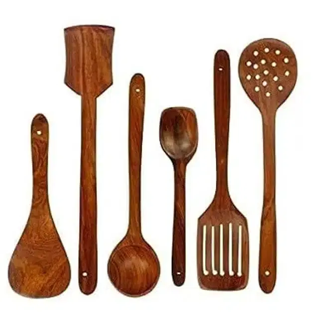Wooden Cooking & Serving Spoons, Brown, Set of 6