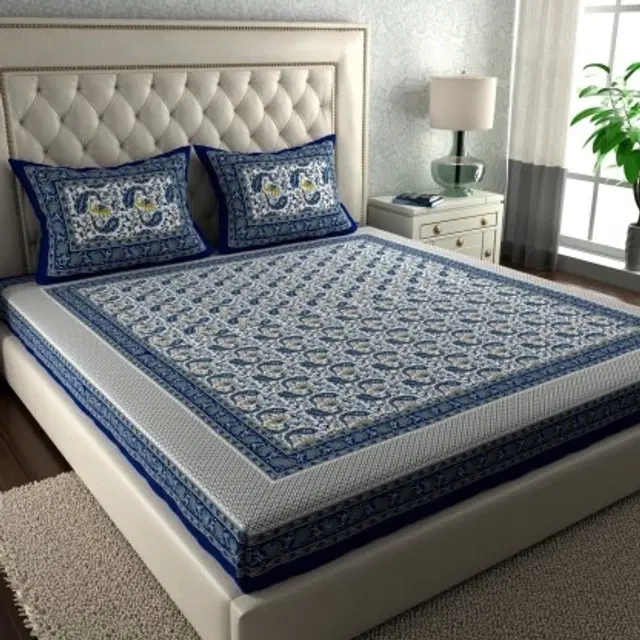 Cotton Double Bedsheet, Paisley Blue Jaipuri Print, 80x90 Inch
