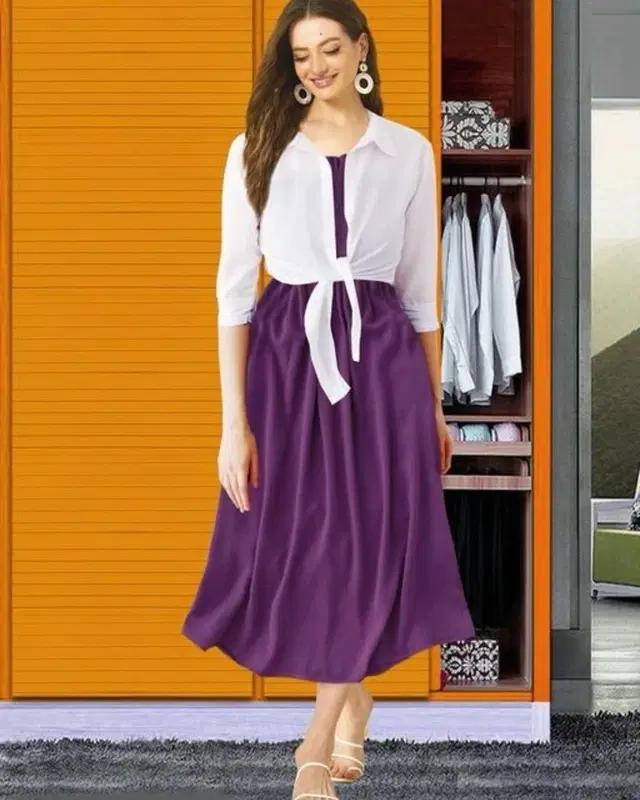 Poly Crepe Dress for Women (Purple & White, S)