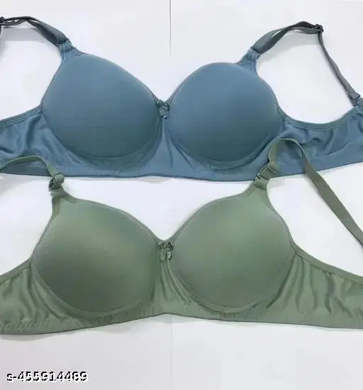 Cotton Blend Solid Bra for Women & Girls, Green & Blue, Pack of 2 (28A)