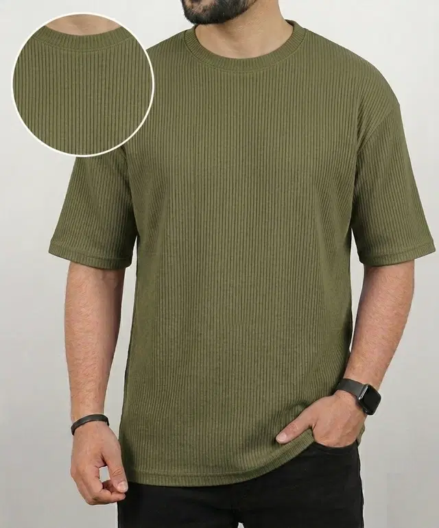 Polyester Round Neck T-shirt for Men, Olive Green (L)