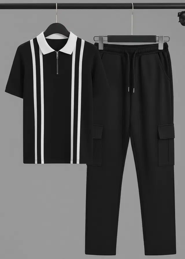 Colorblocked Night Suit For Men  Black , (M)