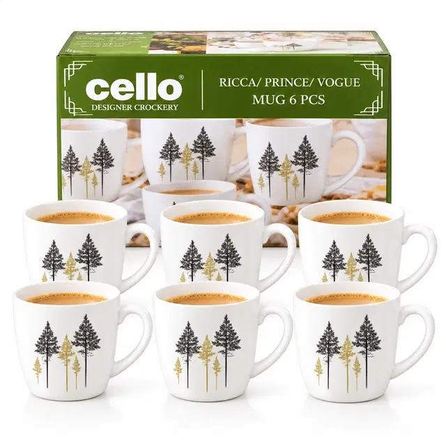 Cello Imperial Golden Pine Ricca Mug Small, 130ml | Set of 6 | Microwave & Dishwasher Safe | Chip-Resistant Opalware | For Tea, Coffee & Milk