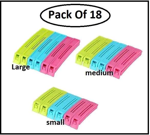Plastic Food Bags Airtight Vaccum Sealer Clips, Multicolor, Set of 18