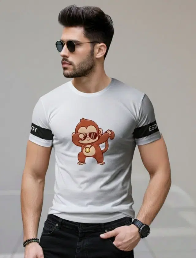 Polyester Printed T-shirt for Men, White (XL)
