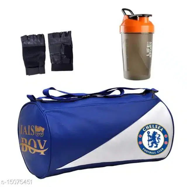 Combo of Gym Bag with Shaker Bottle, 600 ml, Gloves, Multicolor, Set of 3