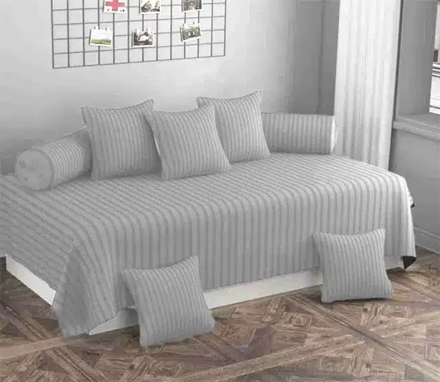 Cotton Striped Diwan Covers Set, Light Grey, Pack of 8