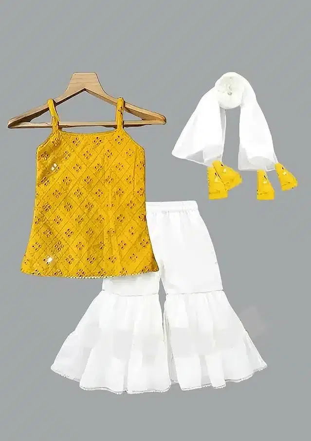 Rayon Embroidered Kurti with Sharara & Dupatta for Girls (Yellow & White, 5-6 Years)