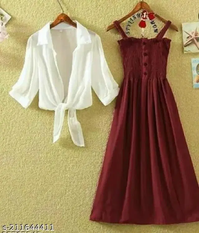 Poly Crepe Dress for Women (Maroon & White, M)