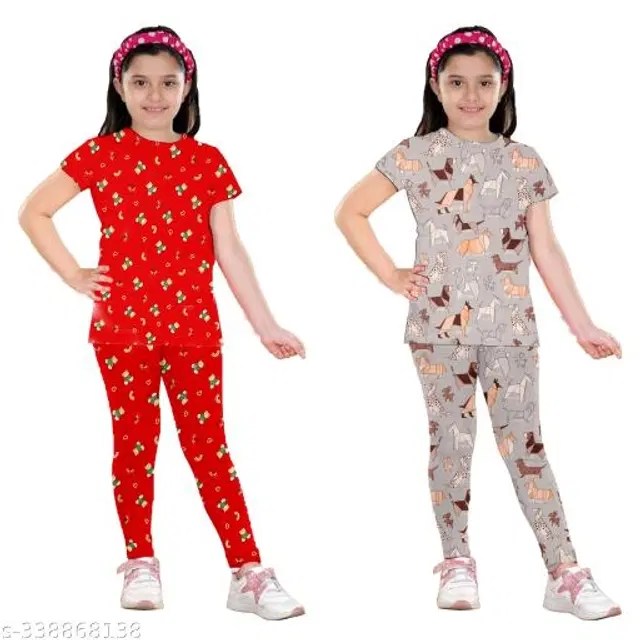 Polycotton Nightsuit for Girls, Pack of 2 (Red & Grey, 2-3 Years)