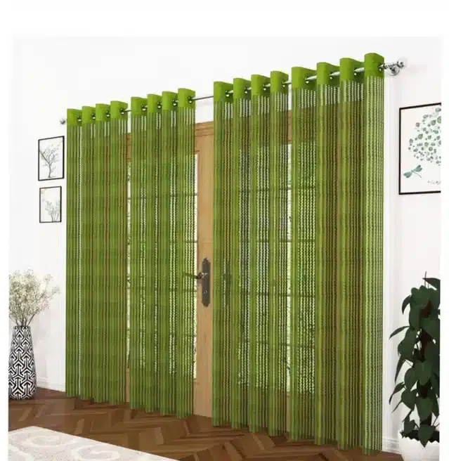 Netted Solid Window & Door Curtains, Pack of 2, Green, 5 feet