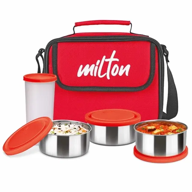 Milton New Steel Combi Lunch Box, 3 Stainless Steel Containers and 1 Plastic Tumbler with Jacket, Set of 6, Red | Food Grade | Light Weight | Dishwasher Safe | Easy to Carry | Leak Proof Tiffin