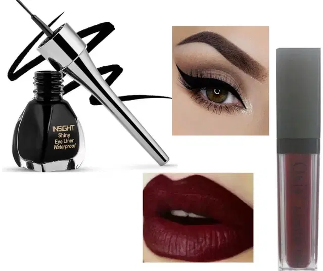 Ultra Matte Liquid Lip Color, Maroon with Waterproof Smudge Free Eyeliner, Black, Set of 2