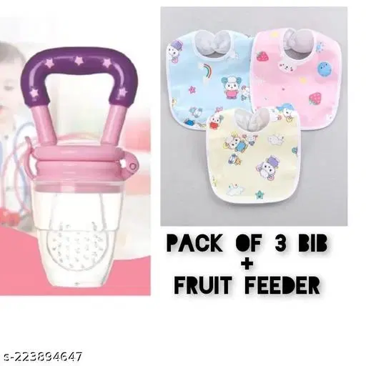 Combo Of 3 Waterproof Bibs With Silicone Fruit Feeder