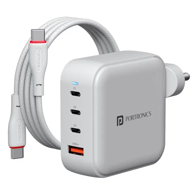 Portronics 100w Adapto 100 Pro Fast Charging Four Port Adaptor With 1.5m Type C Cable, 3 Type C Pd Port, 1 Usb-a Mach Port, GaN Technology, Fast Charging Compatible With Laptops, Macbooks, Smartphones