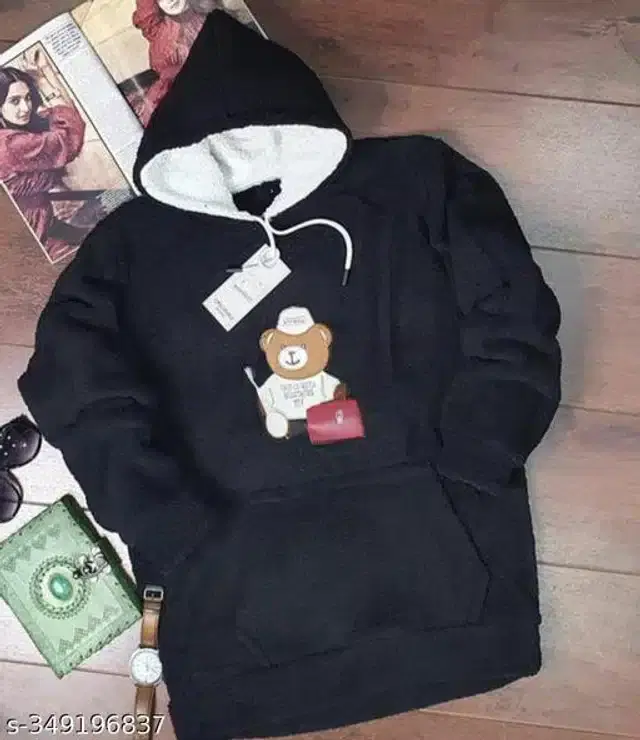 Woolen Full Sleeves Hooded Sweatshirt for Women (Black, M)