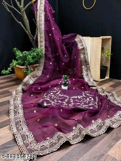 Chiffon Solid Saree For Women, Purple