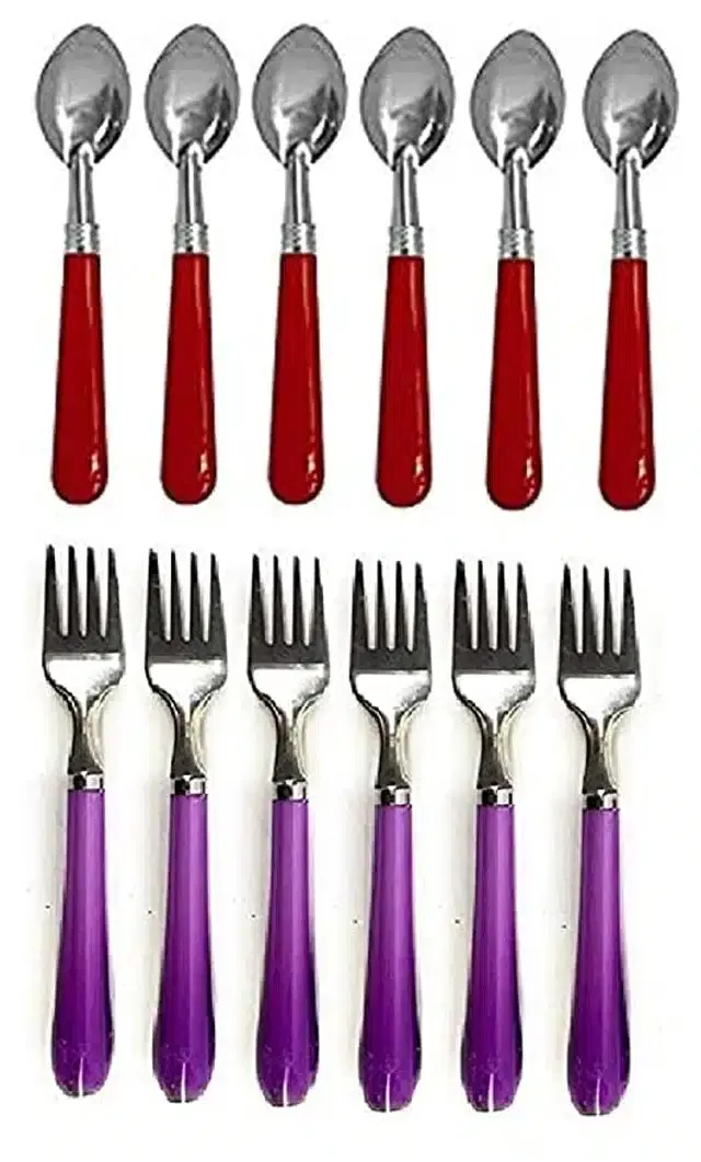 Fork & Spoons With Plastic Handle, Set Of 12, Multicolor, Free Size, B32