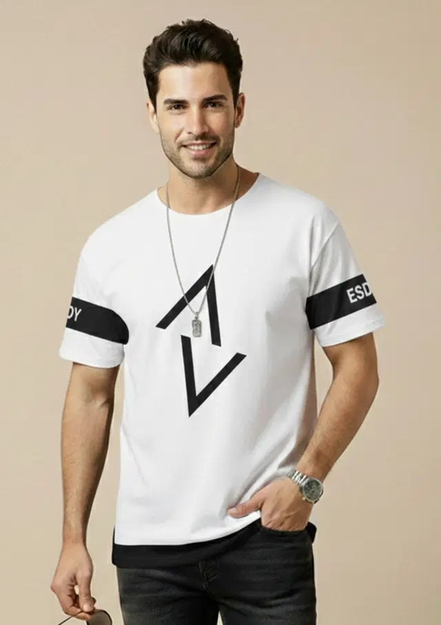 Polyester Printed T-shirt for Men, White (XL)