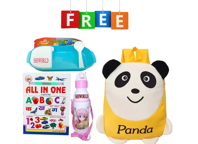 Combo of Fabric School Bag, Water Bottle, Lunch Box with All in One Book for Kids, Multicolor, Set of 4