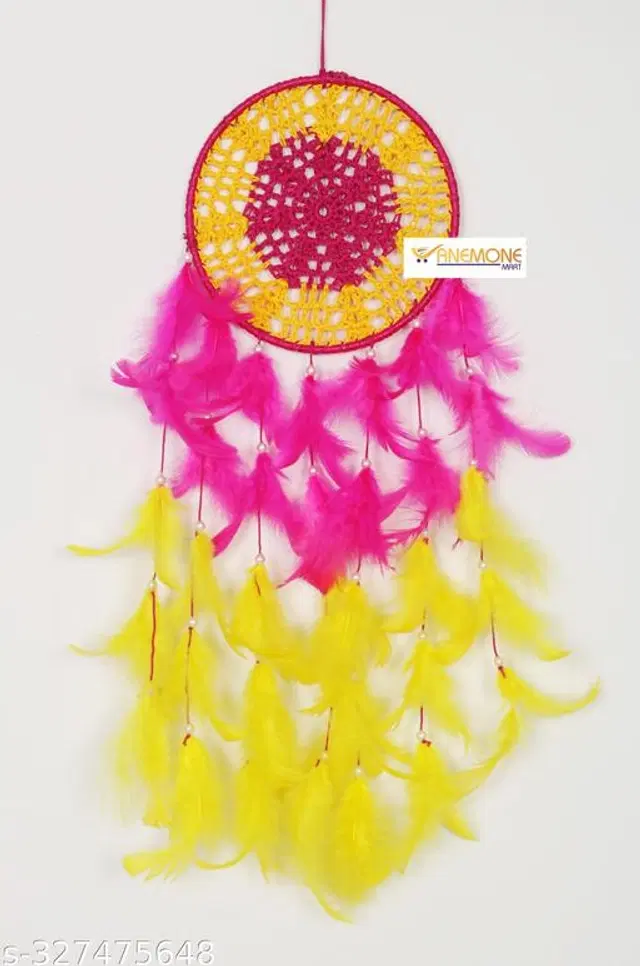 Feather Wall Hanging Dream Catcher, Pink & Yellow