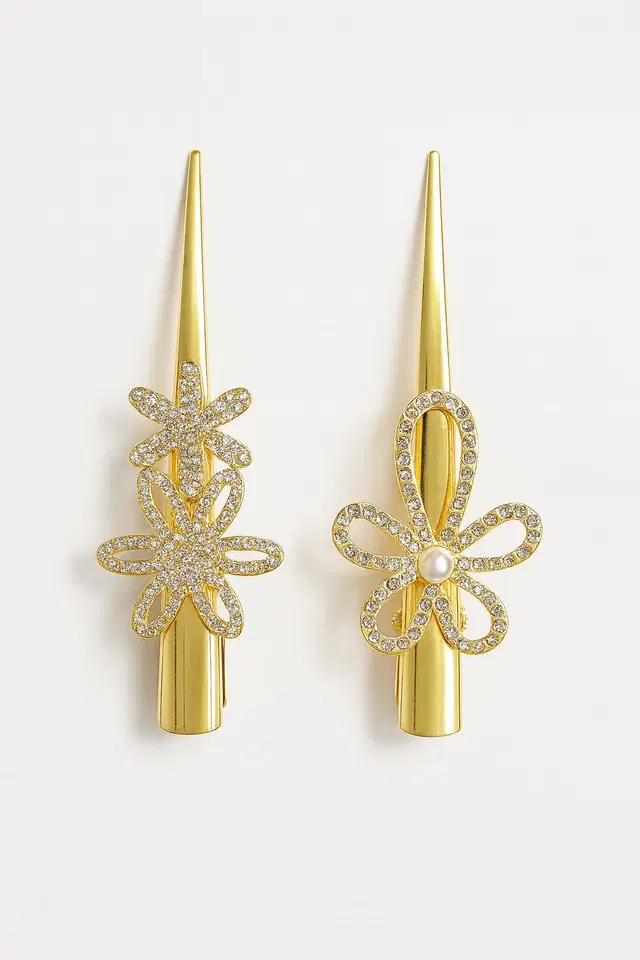 Elegant Gold-Tone Floral Hair Clip Set with Stones for women, Pack of 2, Pack of 2, Pack of 2