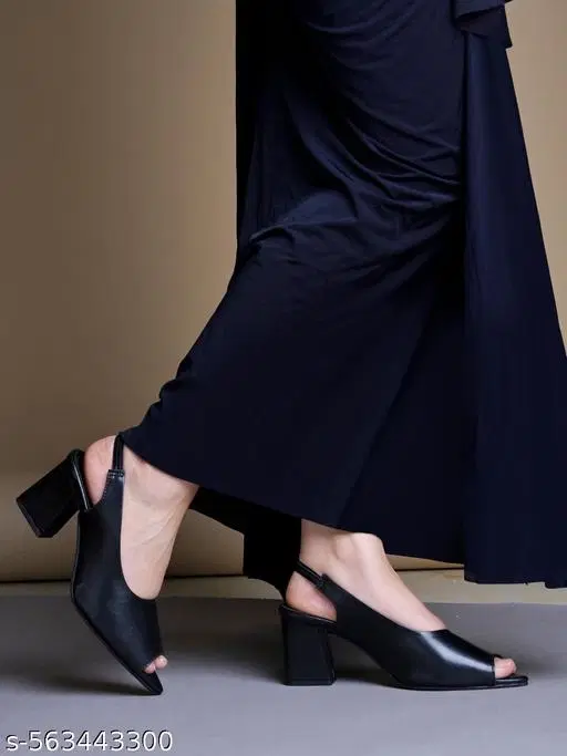 Solid Peep Toe Heel Sandals for Women (Black, IND-3)