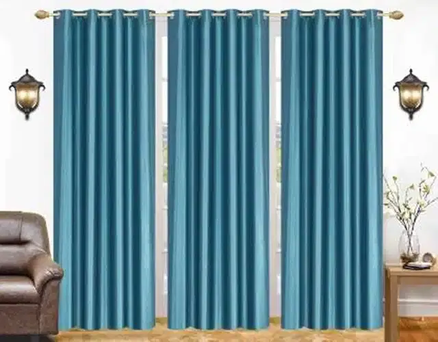 Polyester Solid Door & Window Curtains, Pack of 3, Aqua Blue, 7 feet