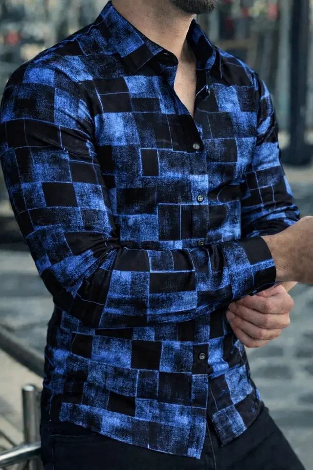 Lycra Geometric Print Shirt for Men, Blue (S)