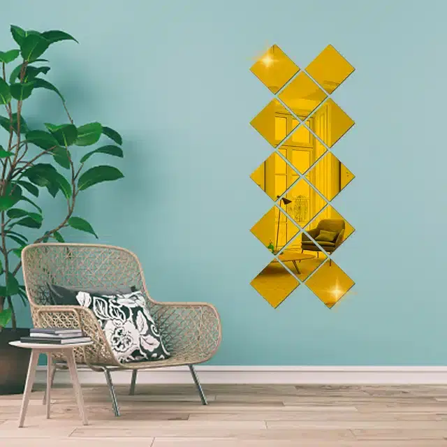 Acrylic Square Shaped Wall Mirror Stickers, Gold, Pack of 14
