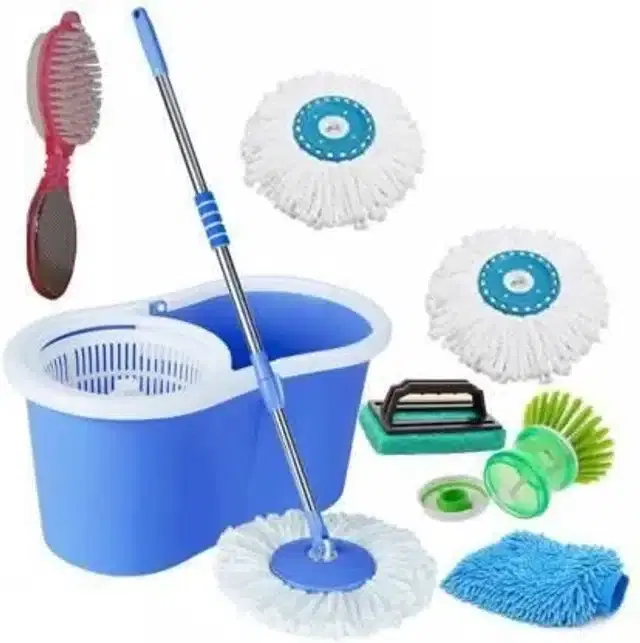 Plastic Bucket Spin Mop with 3 Refills Set & Cleaning Accessories Combo, Blue, Set of 5