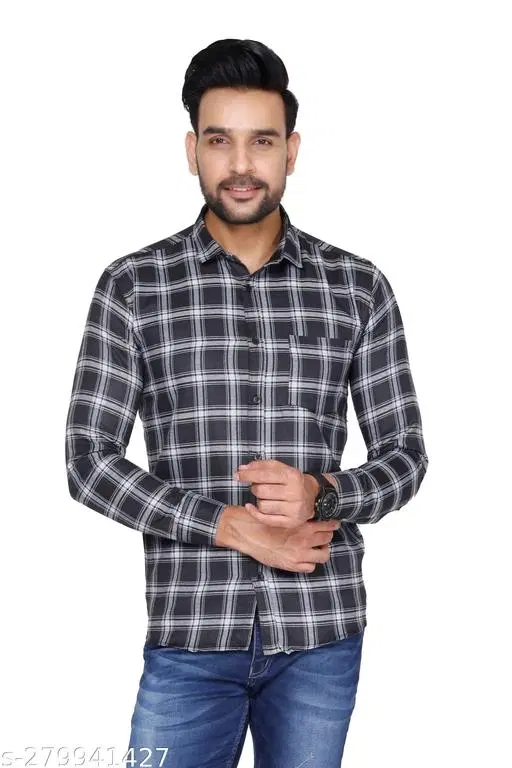 Cotton Blend Checked Shirt for Men, Black (L) Pack of 1