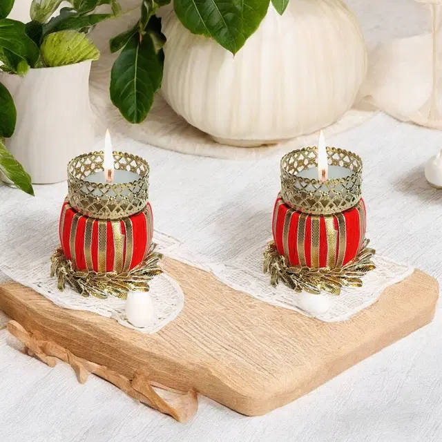 Metal Designer Tealight Candle Holder, Red, 5x5x6 cm, Pack of 2